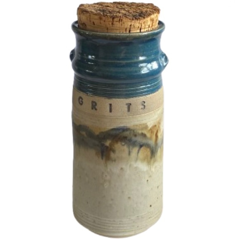 Hand Made 1987 Stoneware Pottery Container GRITS Сrock W/ Lid Signed Bob Huskins